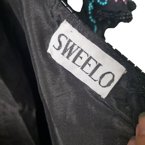 Vintage Sweelo Beaded Sequin Dress 80s Prom Cocktail Black Rainbow Glam Fancy - Picture 11 of 15